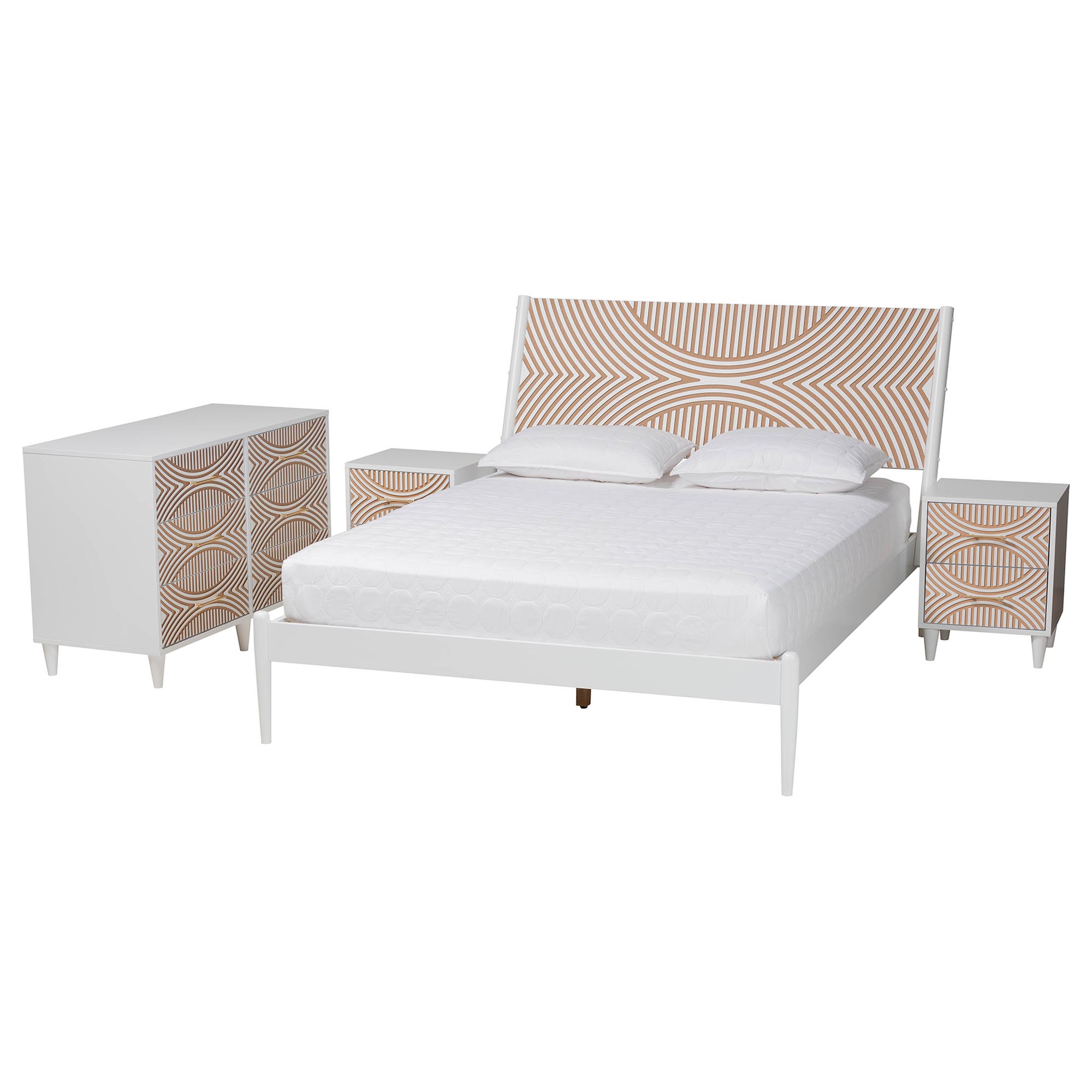 Baxton Studio Louetta Coastal White Caved Contrasting King Size 4-Piece Bedroom Set